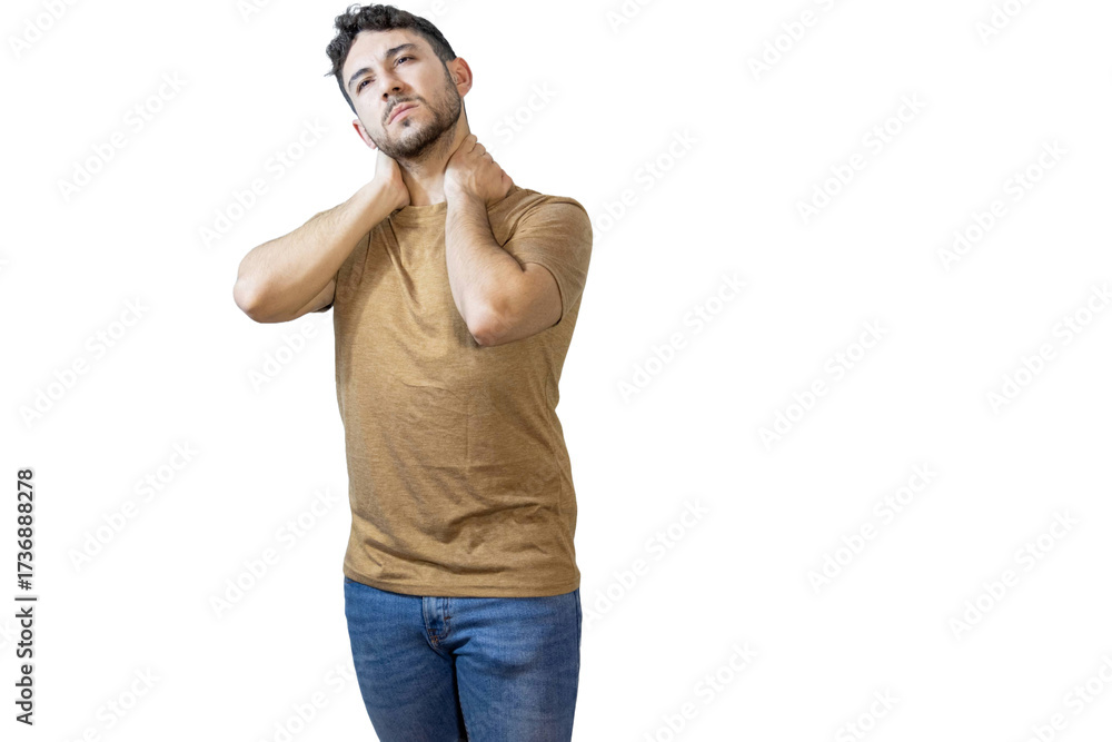 Fototapeta premium Man suffering neck pain on isolated background. PNG