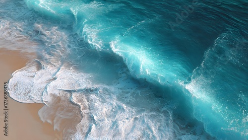 Fototapeta Naklejka Na Ścianę i Meble -  An aerial view of a turquoise ocean wave with white foam rolling onto a sandy beach, showcasing the waters texture