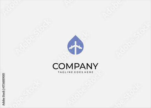 Blue water drop logo with airplane silhouette inside, modern abstract travel and eco tourism icon for flight, airline, holiday, vacation, sustainable journey
