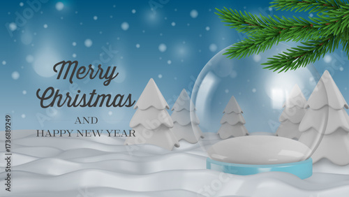 christmas banner with 3d snow globe and pine branches. christmas background with 3d christmas tree on snowy landscape