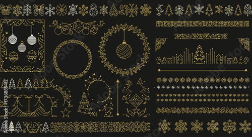Collection of festive black and gold Christmas-themed graphic elements, including ornaments and borders.