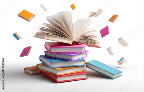 Colorful books stacked and scattered, with pages open, floating against a white background