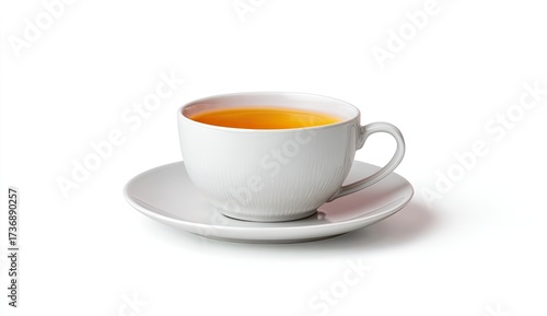 Wallpaper Mural A white teacup filled with golden tea, on a saucer, against a white background Torontodigital.ca