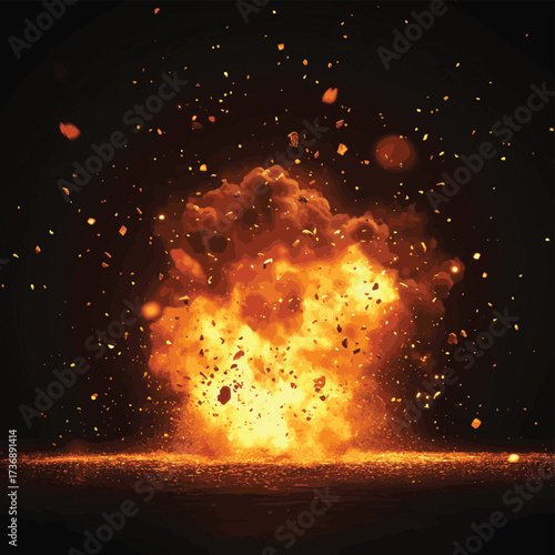 Lifelike blazing detonation with glowing embers on a dark backdrop , vector style simple color