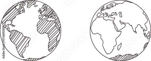 Two globes showing continents with hatching earth outline