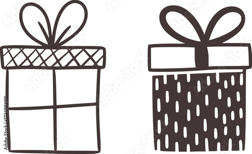 Two hand drawn gift boxes with bows present ribbon