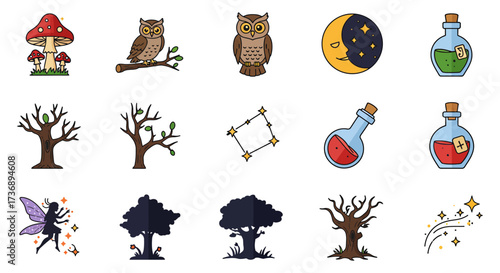 Enchanted forest icons set whimsical mushrooms wise owls moon trees potions fairy stars perfect for magical storytelling folklore and fantasy design