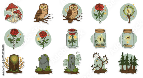 enchanted forest sticker set whimsical mushrooms owls on branches roses fireflies in jars and mossy stones perfect for fantasy themes