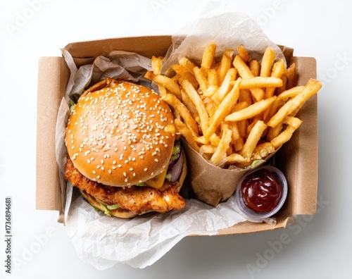 Gourmet burger and fries in a cardboard box