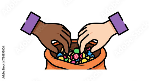 Sharing Halloween candy diverse hands reaching into a trick-or-treat bag filled with colorful sweets promoting themes of community  holiday fun.