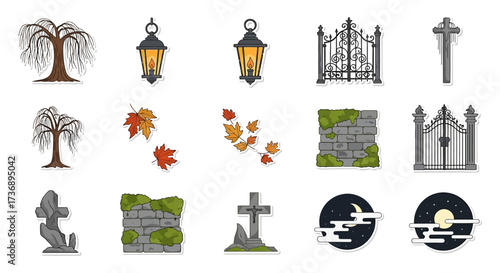 Spooky cemetery elements gravestones gates moon and trees for Halloween designs evoking a haunted eerie atmosphere and ghostly themes.