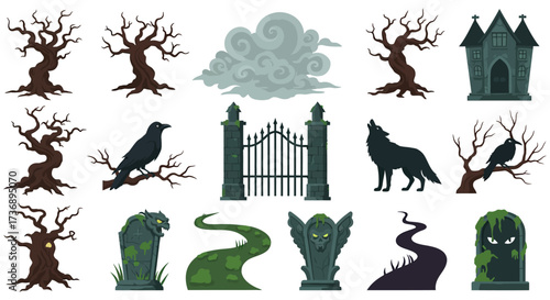 Spooky halloween graveyard scene with haunted house gnarled trees raven and wolf howling creating a creepy and eerie atmosphere perfect for october designs.