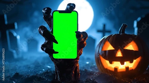 Message from the Undead A Zombie Hand with a Green Screen Phone Rises from a Grave
