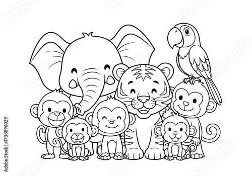 Cute Jungle Animals Group Coloring Page Illustration for Kids.