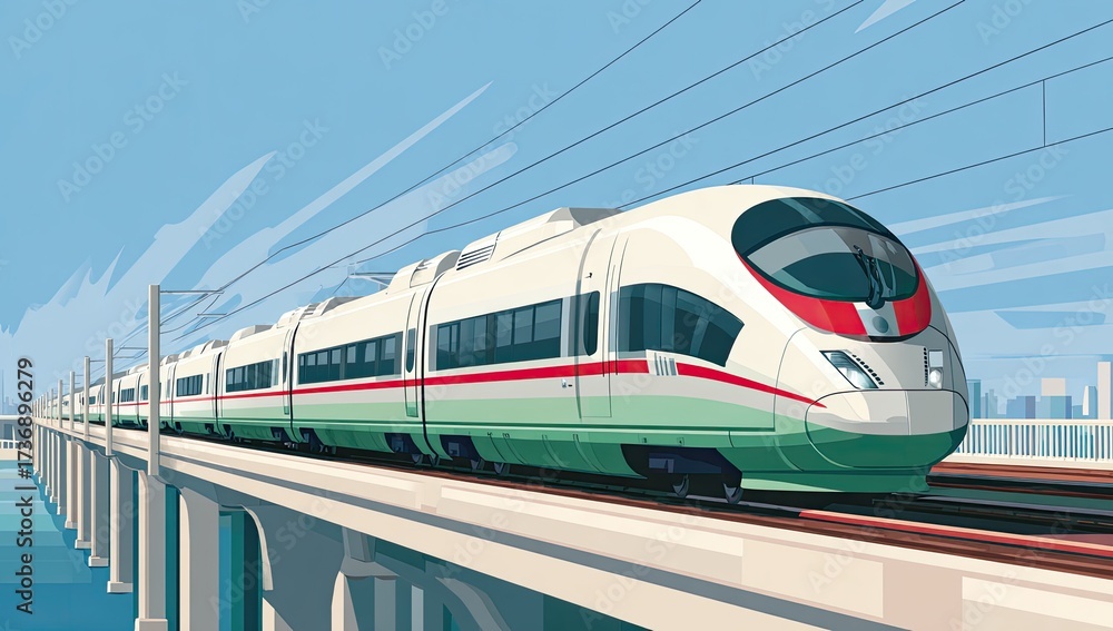 Fototapeta premium A streamlined, modern passenger train speeding along an elevated track over water, cityscape in background