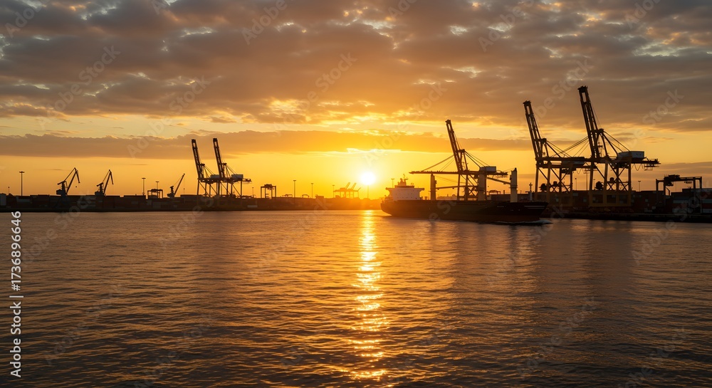 Obraz premium Sunset over a harbor showing ships and cargo cranes