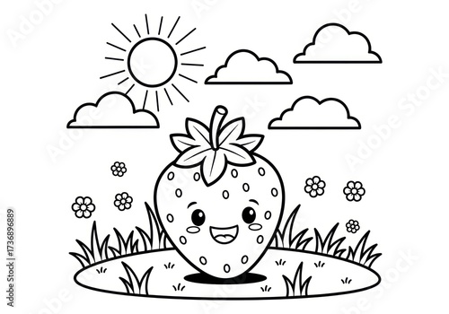 Cute Strawberry Character Coloring Page with Sun and Clouds.