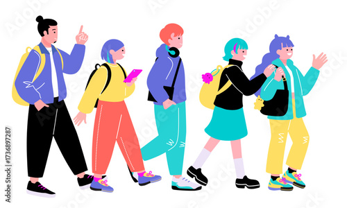 ポップでカラフルなZ世代の若者　歩く人々のイラスト