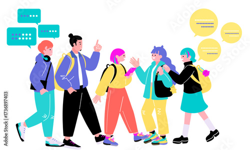 ポップでカラフルなZ世代の若者　歩く人々のイラスト