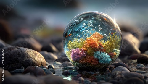 Fototapeta Naklejka Na Ścianę i Meble -  A colorful coral reef ecosystem encased in a transparent sphere, resting on a rocky beach
