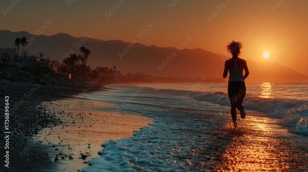 Fototapeta premium Sunrise Beach Run - Silhouette of a Woman Exercising on the Shore