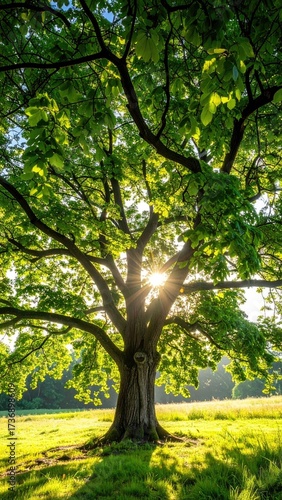 Sunburst Through Green Canopy Of Tall Tree In Golden Meadow During Summer Season With Sunlight