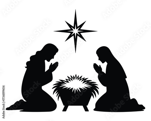 Nativity Scene with Mary Joseph and Star Bethlehem Silhouette Vector Illustration