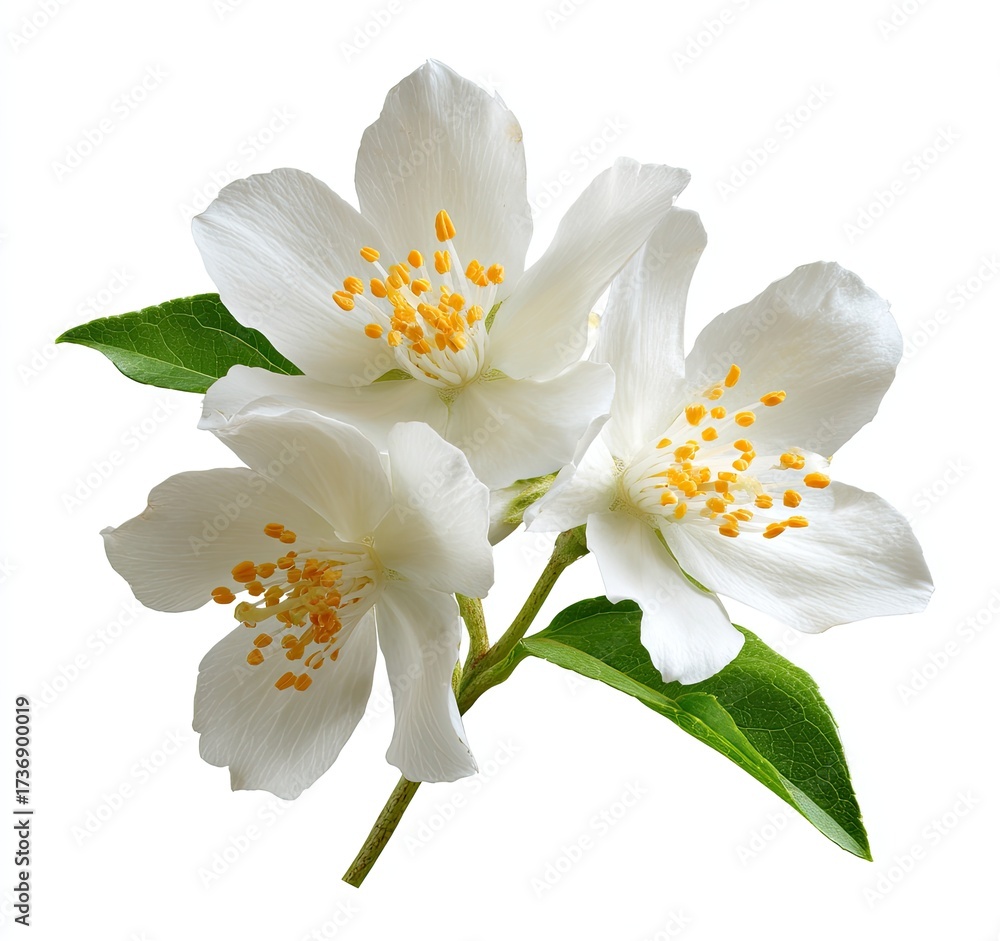 Obraz premium Close-up of three white, fragrant flowers with yellow stamens and green leaves, isolated