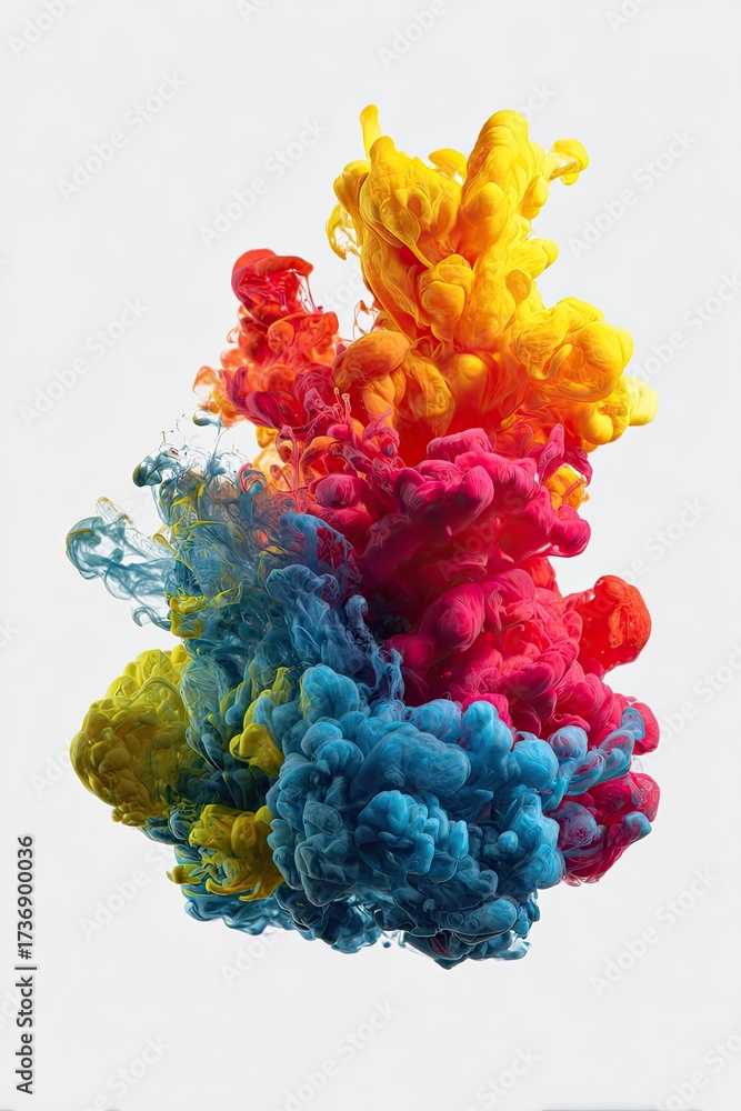 Obraz premium Colorful ink bursts in water, forming a dynamic, cloud-like shape against a white background