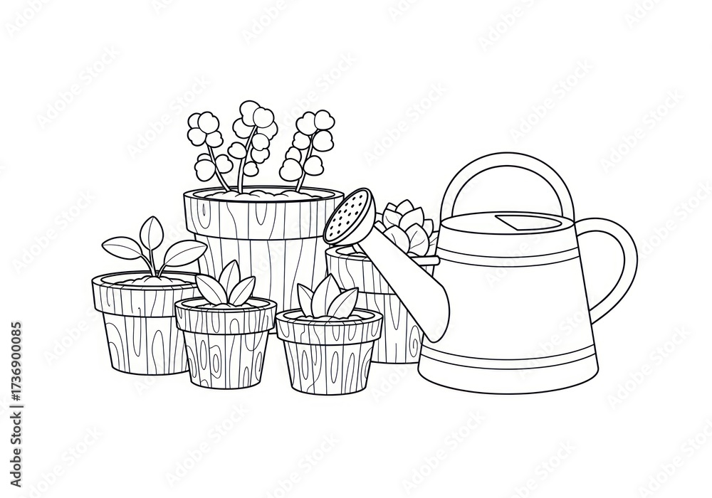 Obraz premium Gardening illustration with potted plants and watering can line art.