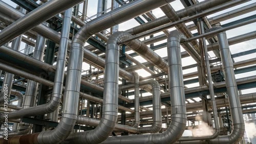 dense intricate network of industrial metal pipes mostly insulated crisscrosses facility under bright sky Steam rises from lower section indicating active operations within this complex infrastructure