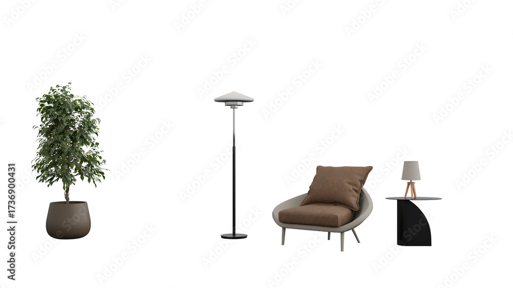 Fototapeta premium Modern interior furniture set with plant and lamps isolated.