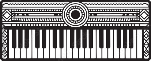 Stylized piano keyboard instrument black silhouette vector graphic with round decor