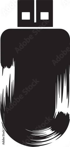 USB flash drive icon with grunge brush stroke effect, portable data storage device vector