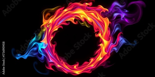 Vibrant anime fire circle, swirling colorful flames against black background,  magical,  wallpaper