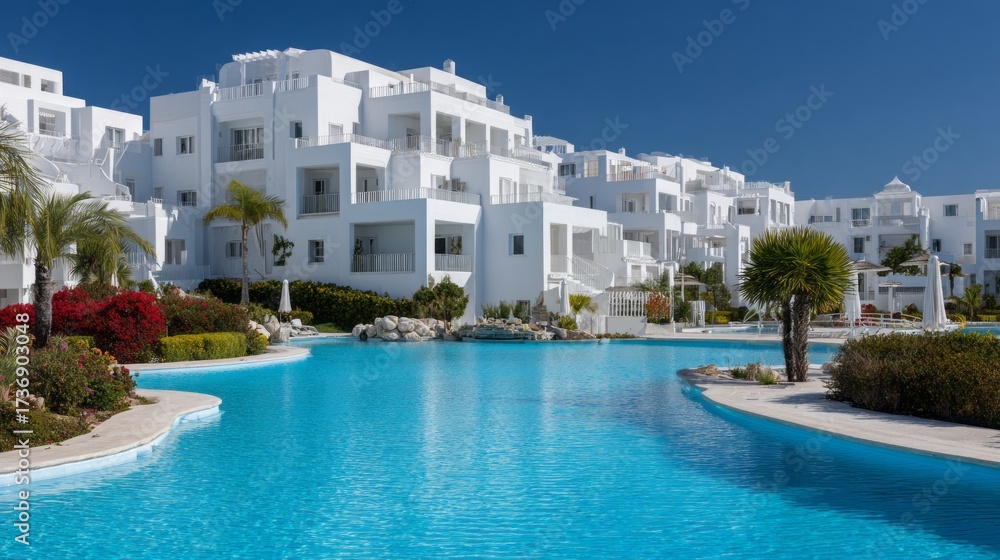 Fototapeta premium Luxury resort hotel features a stunning swimming pool surrounded by palm trees and vibrant landscaping in a picturesque tropical setting