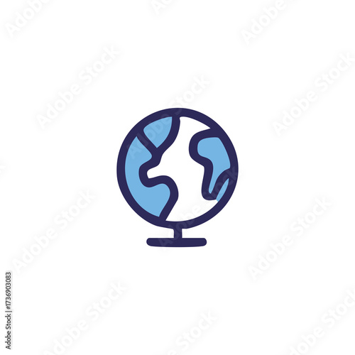 Blue globe on stand, white continents, dark blue outline