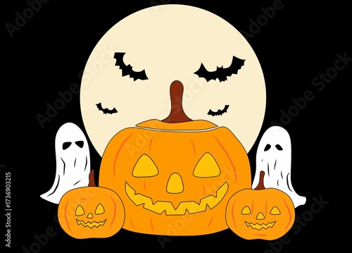 Halloween pumpkin on a dark background with two scary ghost 