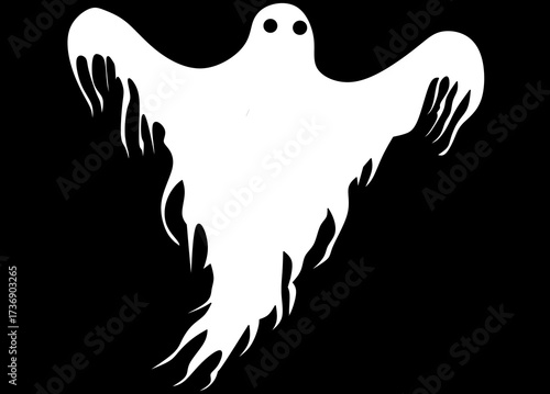A dramatic vector illustration of a classic white ghost silhouette set against a solid black background 