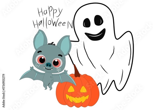 Illustration of a halloween monsters spooky ghost featuring cartoon bat with big eyes