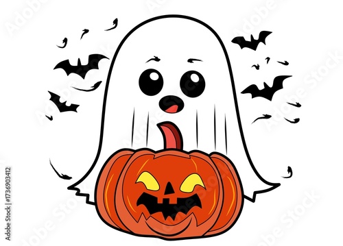 Cute halloween illustration featuring cartoon ghost floating above a pumpkin with bats