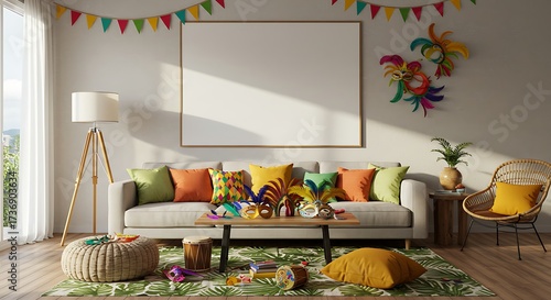 Carnival Festivities in a Sunny Living Room with Colorful Decorations