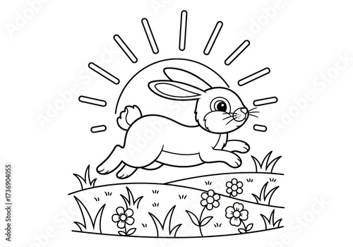 Cute Bunny Rabbit Running in a Field with Flowers and Sun Coloring Page.