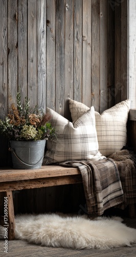 Cozy corner with wooden bench, pillows, throw, bucket of flowers, and a sheepskin rug