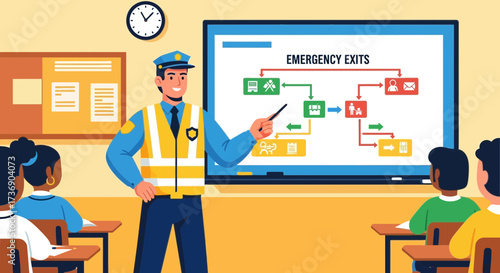 Security Guard Presents Emergency Exit Plan to Students in Classroom Setting