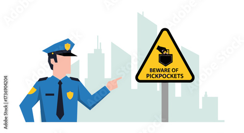 Vigilant Policeman Warns About Pickpockets with a Warning Sign in the Cityscape