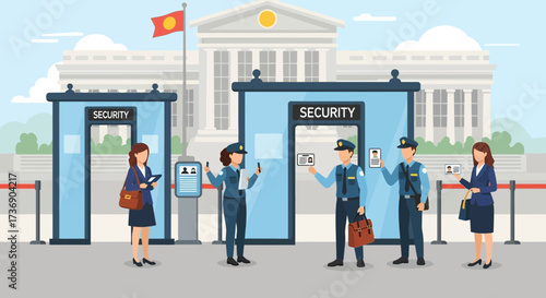 Depiction of security checkpoint processing people entering a building or venue
