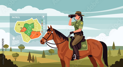 Horseback ranger surveying terrain, utilizing advanced digital patrol monitoring