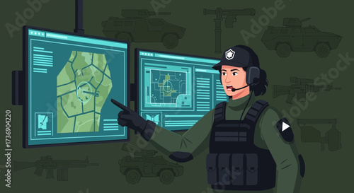 Female military strategist guiding operations on digital displays in command center