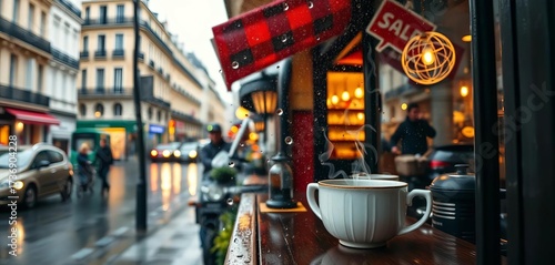Rainy Parisian street, cozy cafe window, steaming mugs, texture, homey
